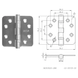 NOVET ZAWIAS SPLATANY ZAOKRĄGLONY 76x76mm 3 szt. Stal nierdzewna