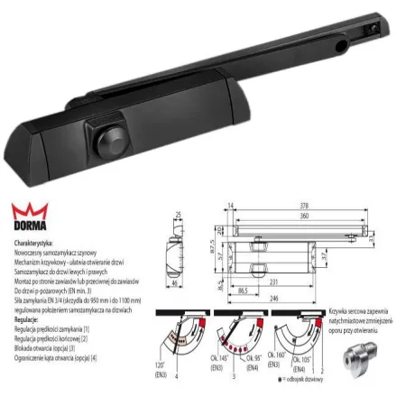 DormaKaba Samozamykacz dormakaba TS 90 IMPULSE EN 3/4 z szyna ślizgową Czarny