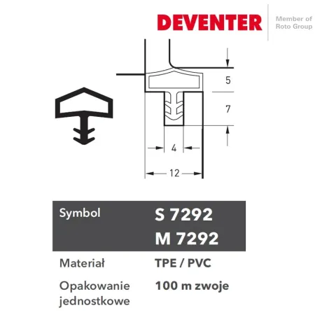 Deventer Uszczelka S 7292 (2x50m) 100m K0  Szary