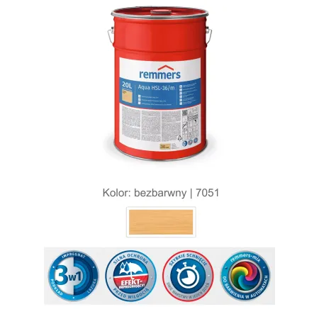 remmers Aqua HSL-36/m-Profi-Holzschutz-Lasur 3in1 20L Bezbarwny