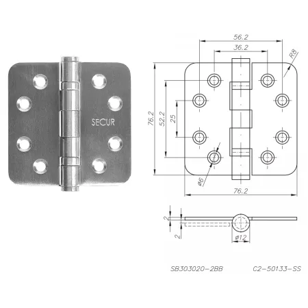 NOVET ZAWIAS SPLATANY ZAOKRĄGLONY 76x76mm 3 szt. Stal nierdzewna