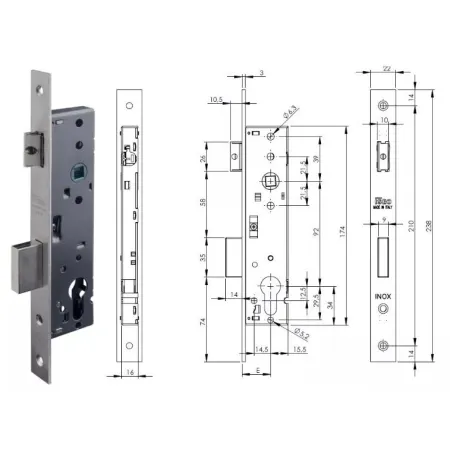ISEO ZAMEK 92WB, E=25mm, 238x22x3mm Stal nierdzewna