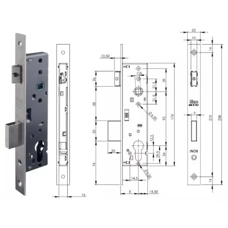 ISEO ZAMEK 92WB, E=35mm, 238x22x3mm Stal nierdzewna