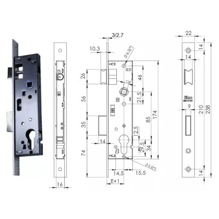 ISEO ZAMEK 85WB, E=25mm, 238x22x3mm Stal nierdzewna
