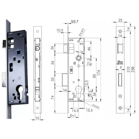 ISEO ZAMEK 85WB, E=35mm, 238x22x3mm Stal chromowana