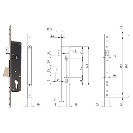 ISEO ZAMEK ELECTA 85WB, E=25mm, 290x22x3mm Stal nierdzewna