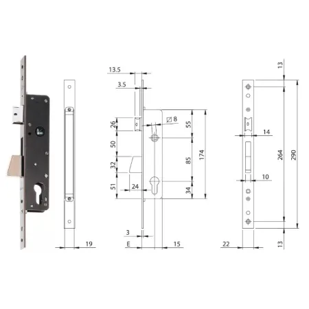 ISEO ZAMEK ELECTA 85WB, E=30mm, 290x22x3mm Stal nierdzewna