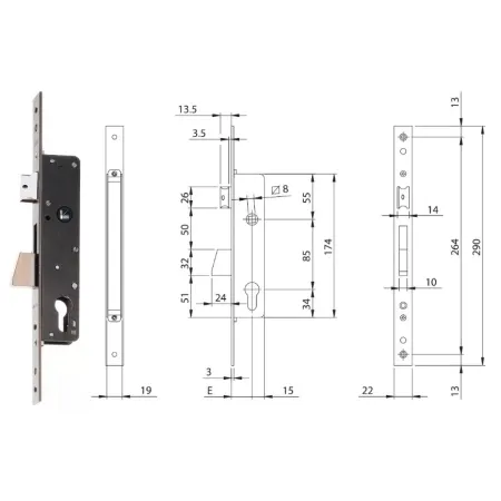 ISEO ZAMEK ELECTA 85WB, E=35mm, 290x22x3mm Stal nierdzewna