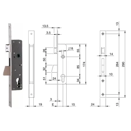 ISEO ZAMEK ELECTA 85WB, E=25mm, 290x24x3mm Stal nierdzewna