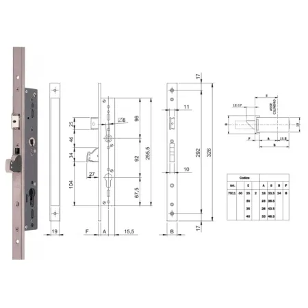 ISEO ZAMEK BLINDO 92WB, E=30mm, 326x24x6mm Stal nierdzewna