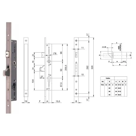 ISEO ZAMEK BLINDO 92WB, E=35mm, 326x22x3mm Stal nierdzewna
