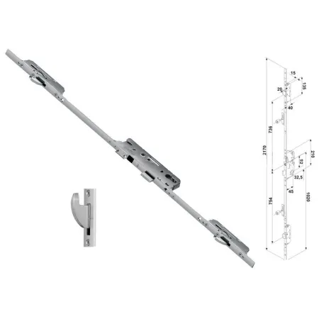 FUHR Zasuwnica drzwiowa 859 20/45/92/8 sterowana klamką – haki Ocynk srebrny