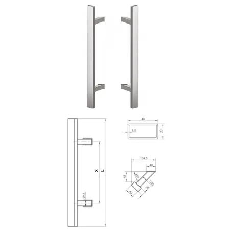 Wala  Pochwyt obustronny Q45RX/Q10 gat. 304, 40x20 mm, 1300/1800 mm stal nierdzewna szlifowana