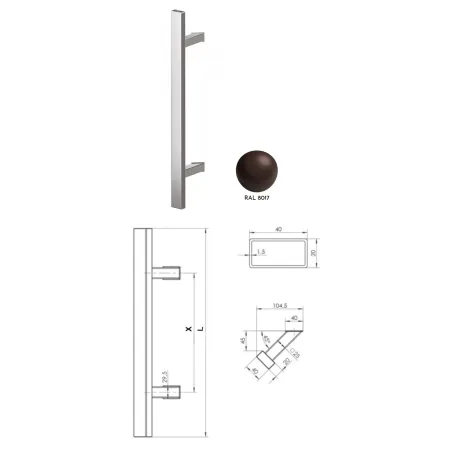Wala  Pochwyt obustronny Q45RX/Q10 aluminiowy lakier, 40x20 mm, 1300/1800 mm BRĄZOWY 8017