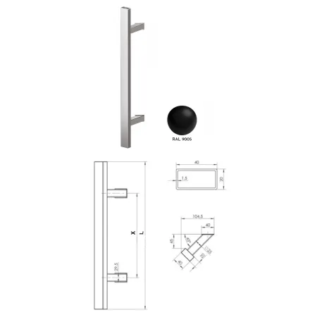 Wala  Pochwyt obustronny Q45RX/Q10 aluminiowy lakier, 40x20 mm, 600/800 mm CZARNY 9005