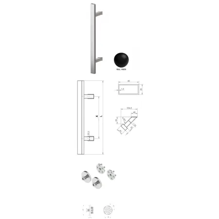 Wala  Pochwyt jednostronny Q45RX/Q10 aluminiowy, 40x20 mm, 1000/1200 mm + Mocowanie pochwytu za pomocą blaszki do profili ALU CZARNY 9005