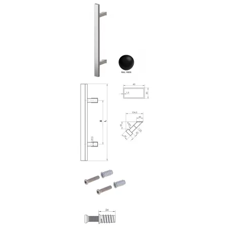 Wala  Pochwyt jednostronny Q45RX/Q10 aluminiowy, 40x20 mm, 380/580 mm + Mocowanie jednostronne MUFA do drewna CZARNY 9005