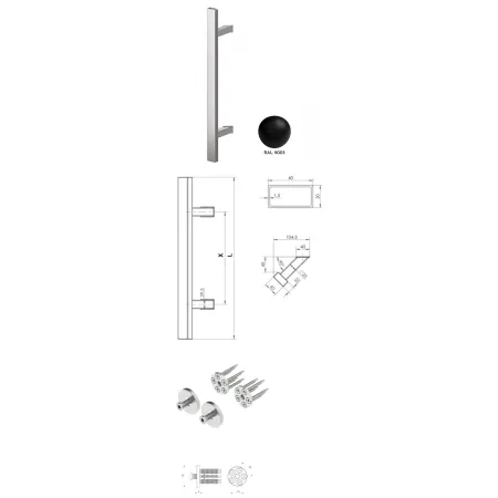 Wala  Pochwyt jednostronny Q45RX/Q10 aluminiowy, 40x20 mm, 600/800 mm + Mocowanie pochwytu za pomocą blaszki do profili PCV CZARNY 9005
