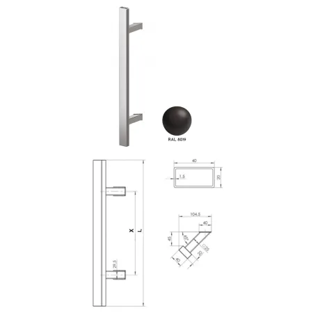 Wala  Pochwyt obustronny Q45RX/Q10 aluminiowy lakier, 40x20 mm, 380/580 mm BRĄZOWY 8019