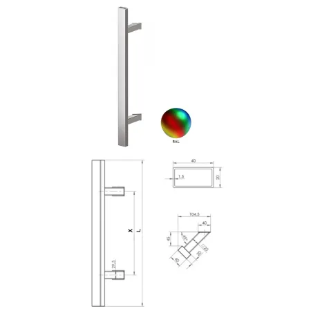 Wala  Pochwyt obustronny Q45RX/Q10 aluminiowy lakier nietypowy, 40x20 mm, 600/800 mm Kolory niestandardowe