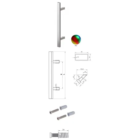 Wala  Pochwyt jednostronny Q45RX/Q10 aluminiowy, 40x20 mm, 380/580 mm + Mocowanie jednostronne MUFA do drewna Kolory niestandardowe