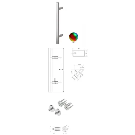 Wala  Pochwyt jednostronny Q45RX/Q10 aluminiowy, 40x20 mm, 1000/1200 mm + Mocowanie pochwytu za pomocą blaszki do profili PCV Kolory niestandardowe