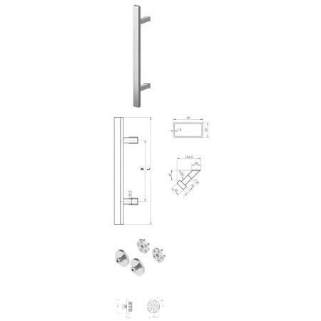Wala  Pochwyt jednostronny Q45RX/Q10 gat. 304, 40x20 mm, 600/800 mm + Mocowanie pochwytu za pomocą blaszki do profili ALU stal nierdzewna szlifowana