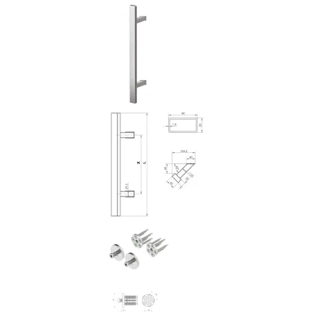 Wala  Pochwyt jednostronny Q45RX/Q10 gat. 304, 40x20 mm, 1000/1200 mm + Mocowanie pochwytu za pomocą blaszki do profili PCV stal nierdzewna szlifowana